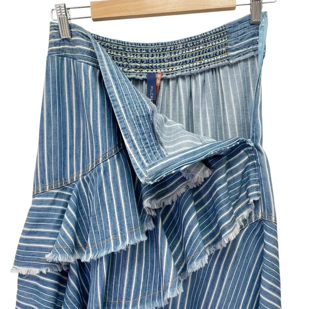 Anthropologie Pilcro Chambray Striped Ruffle Tiered Midi Skirt Chambray Size 2